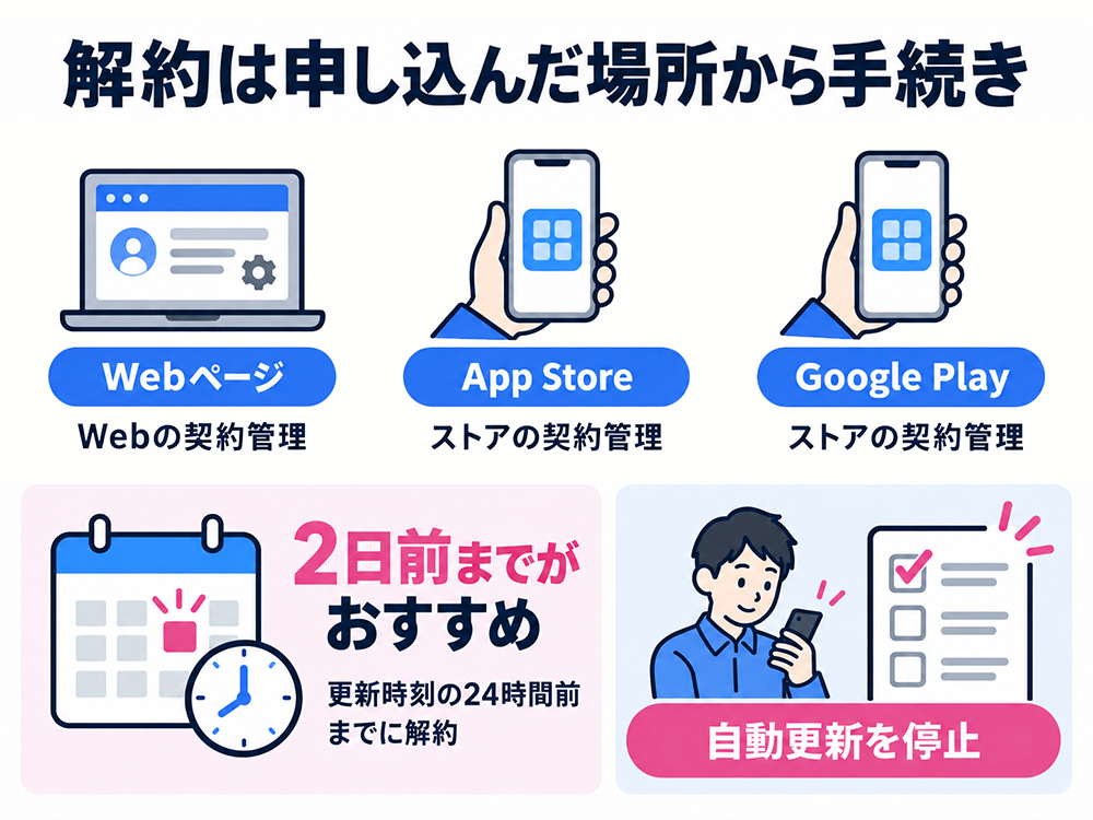 Nottaの解約は申し込んだ場所で手続きする。Web契約はWebの契約管理、App Store・Google Play契約は各ストアの契約管理で自動更新を停止。更新時刻の24時間前までに解約し、2日前までの手続きがおすすめ。