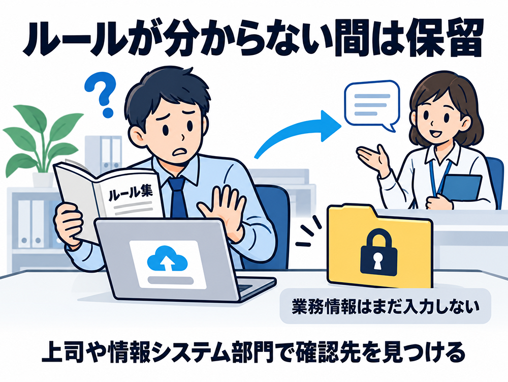 AIの利用ルールが分からない間は業務情報の入力を保留する。上司や情報システム部門に相談して確認先を見つける。