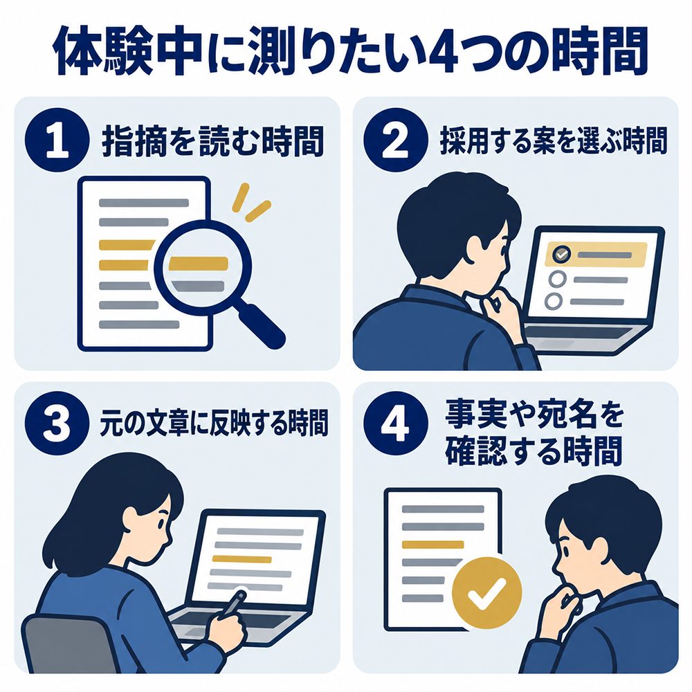 文賢の体験中に測りたい4つの時間。指摘を読む時間、採用する案を選ぶ時間、元の文章に反映する時間、事実や宛名を確認する時間。
