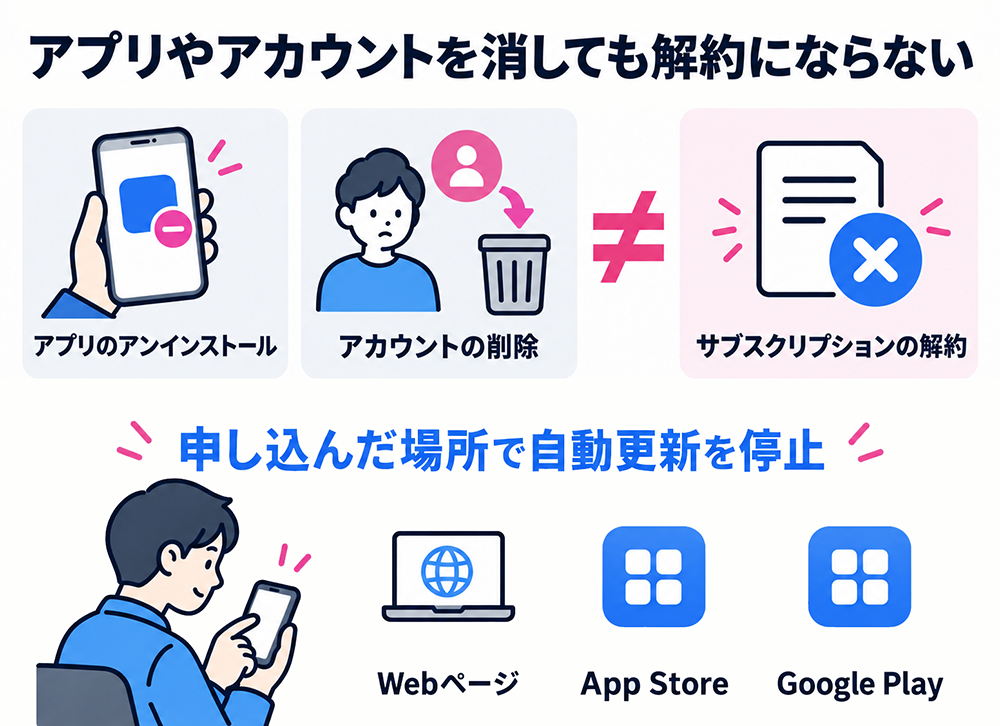Nottaのアプリをアンインストールしたりアカウントを削除したりしても、サブスクリプションの解約にはならない。申し込んだWebページ・App Store・Google Playで自動更新を停止する。