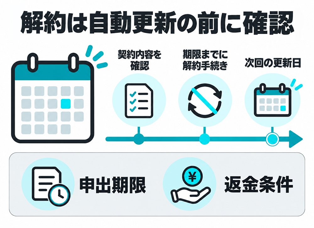 自動更新前に契約内容、解約の申出期限、返金条件を確認し、次回更新日までの所定の期限に解約手続きを行う流れ。