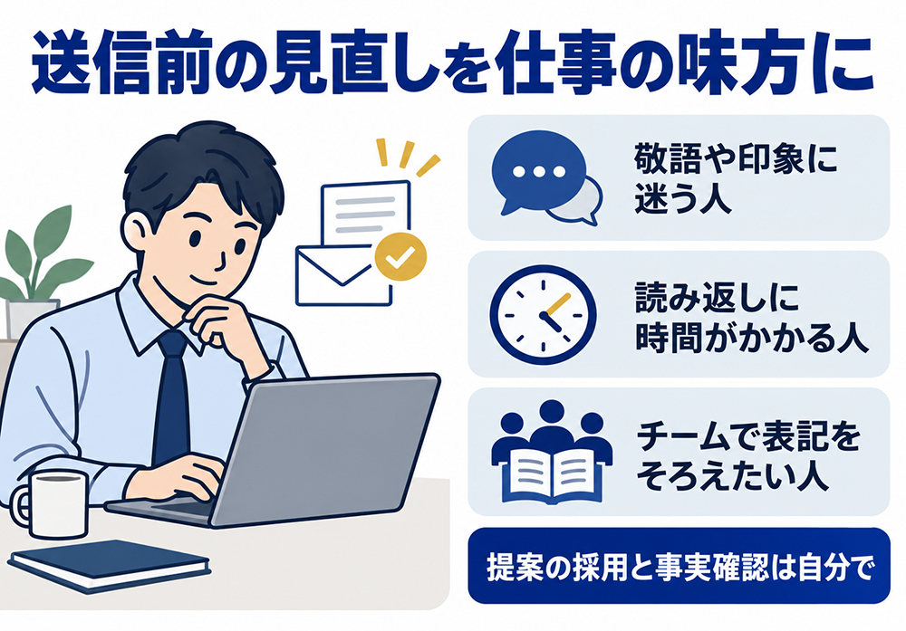 文賢が向いている人は、敬語や文章の印象に迷う人、読み返しに時間がかかる人、チームで表記をそろえたい人。送信前の見直しに活用し、提案の採用と事実確認は自分で行う。