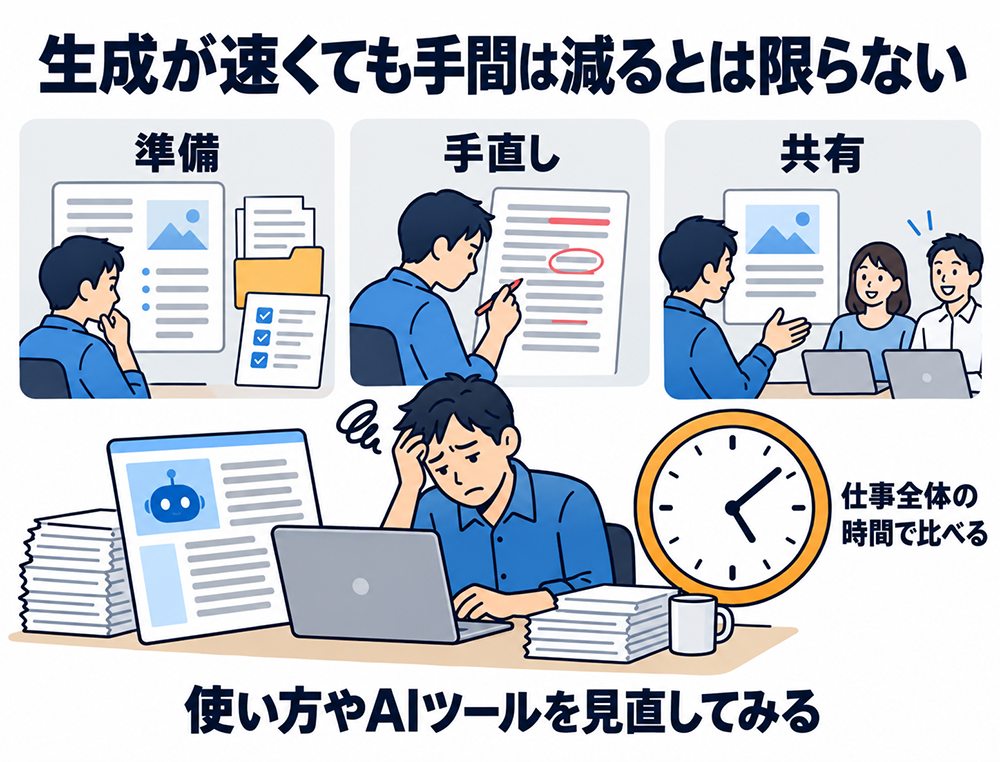 AIの生成が速くても、準備・手直し・共有を含めた手間が減るとは限らない。仕事全体にかかる時間で比べ、使い方やAIツールを見直す。