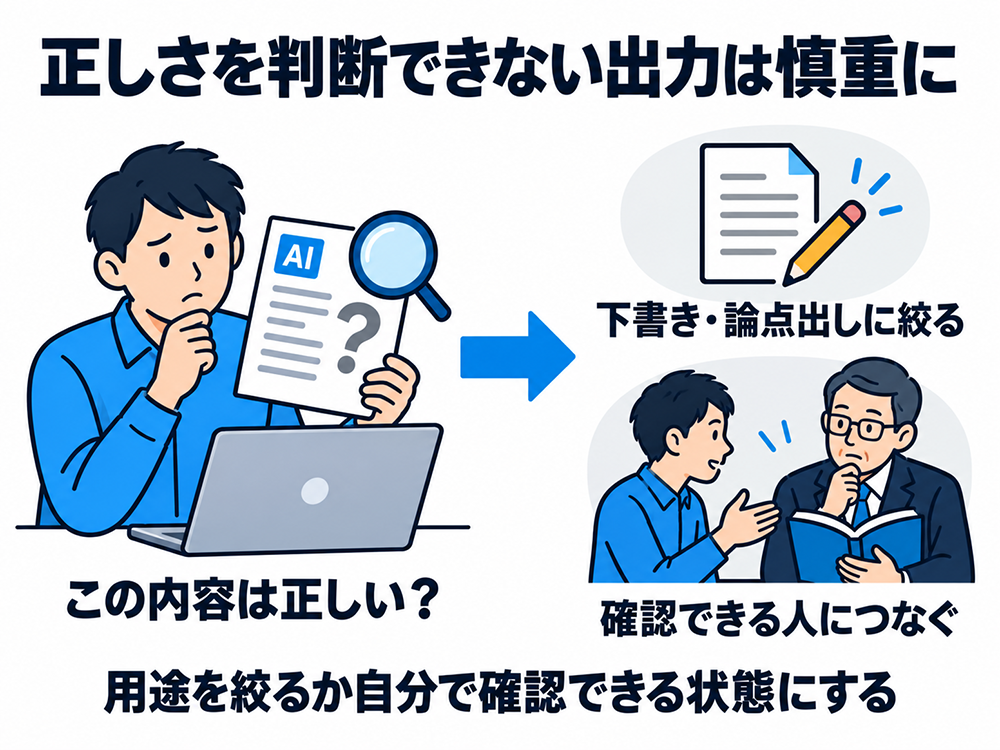 正しさを判断できないAI出力は、下書きや論点出しに用途を絞るか、確認できる人につなぐ。自分で確認できる状態にして活用する。