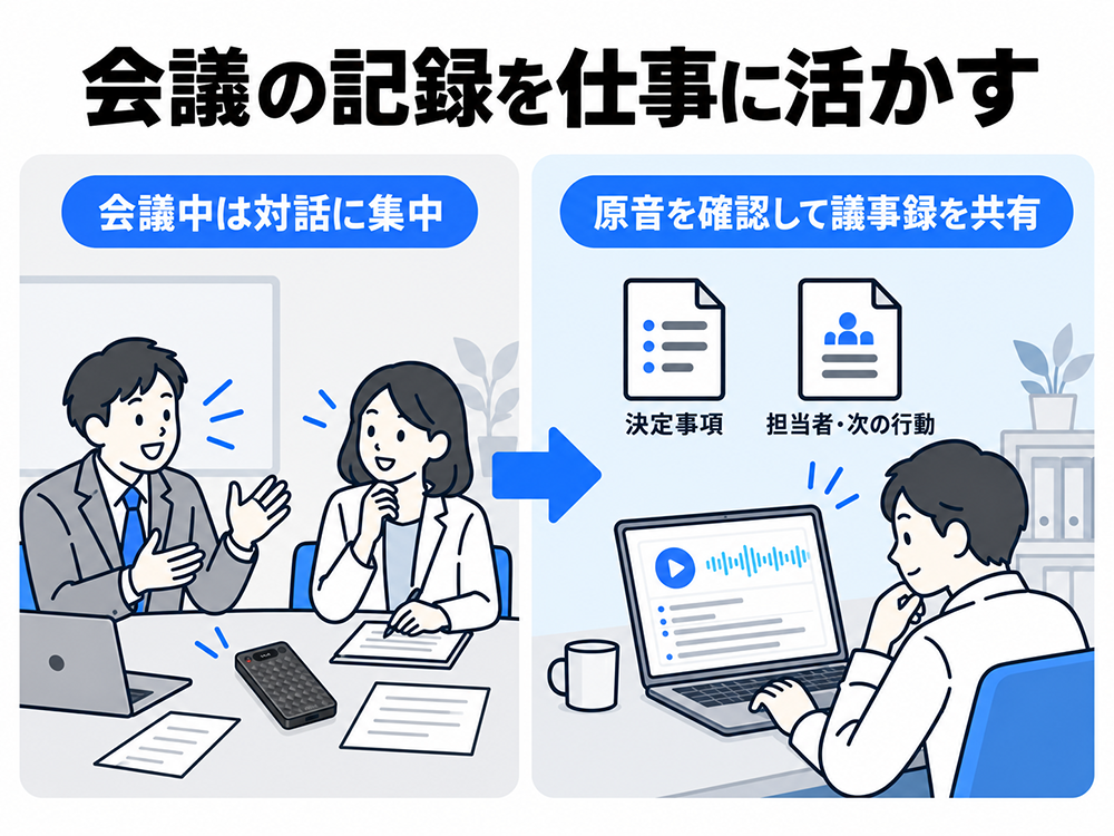 AIボイスレコーダーで会議中は対話に集中し、会議後は原音を確認して議事録を共有する流れ。決定事項、担当者、次の行動を整理して仕事に活かす。