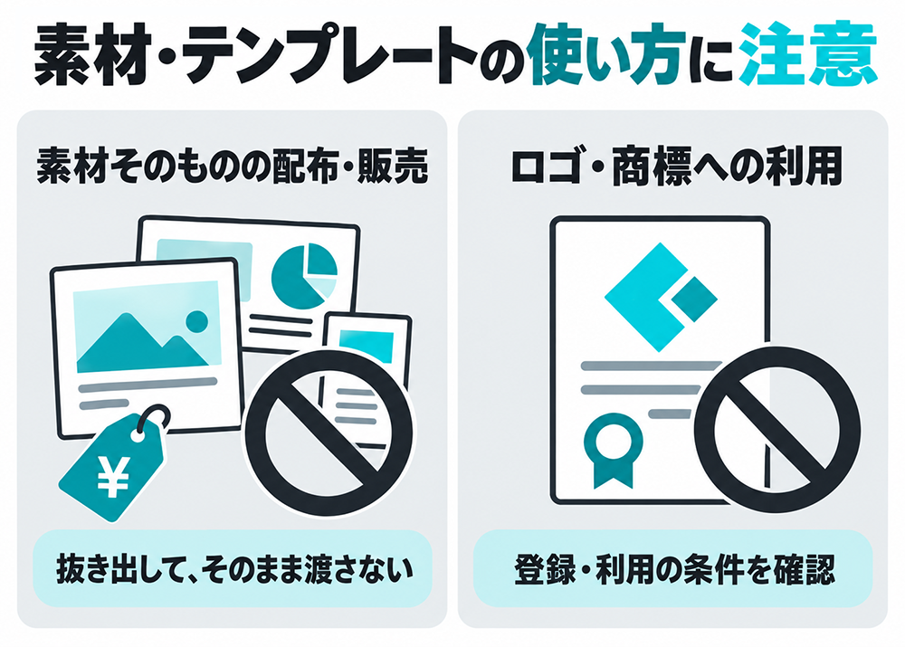 素材・テンプレートの利用上の注意。素材を抜き出してそのまま配布・販売せず、ロゴ・商標への利用や登録の条件を確認する。